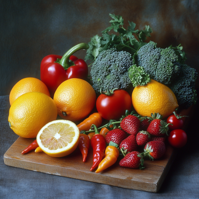 פירות הדר תותים פלפלים עגבניות וברוקולי